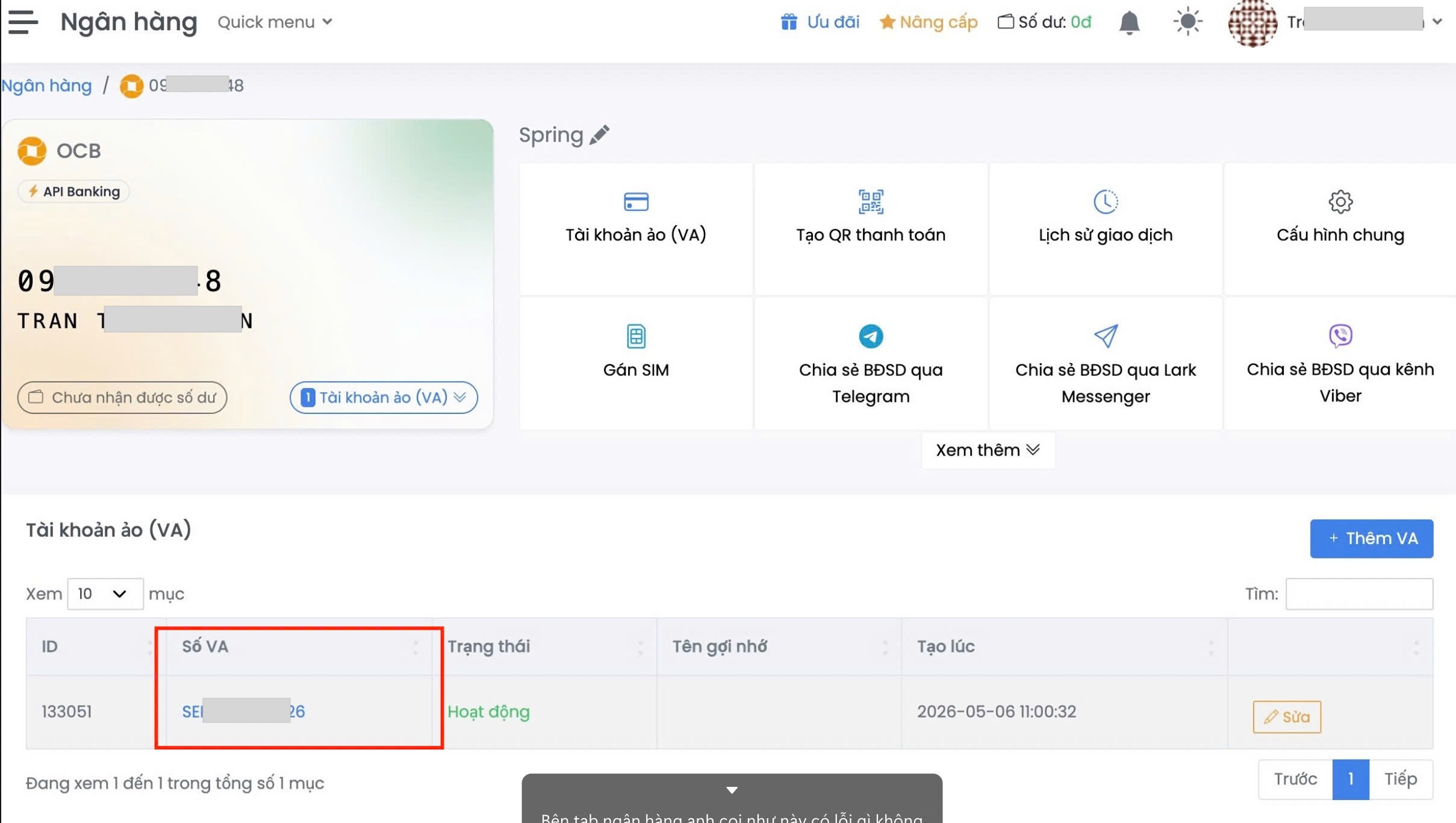 Tài khoản ảo (VA) xuất hiện trong SePay sau khi liên kết OCB hoặc BIDV