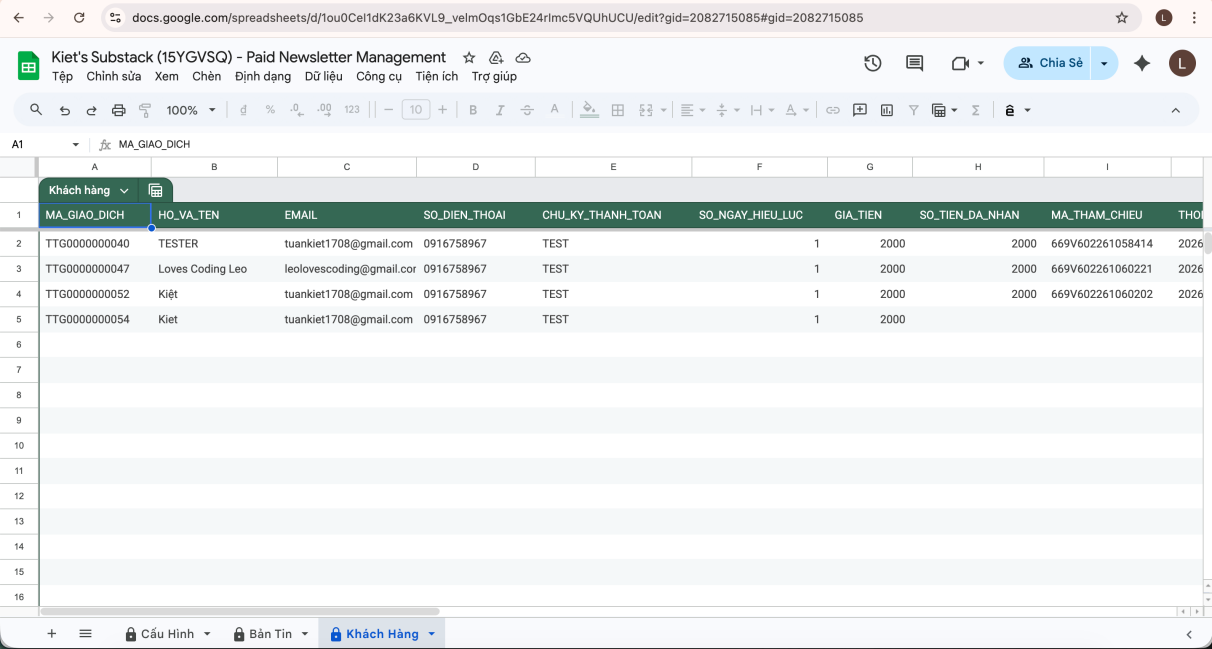 Tab Khách Hàng trong Google Sheets sau khi test
