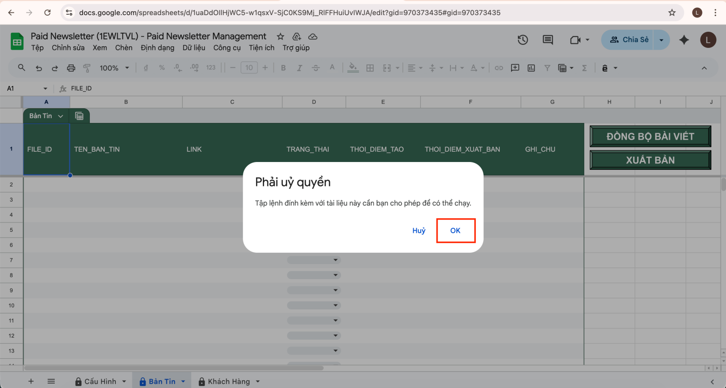 Tab Bản Tin Google Sheets với popup ủy quyền