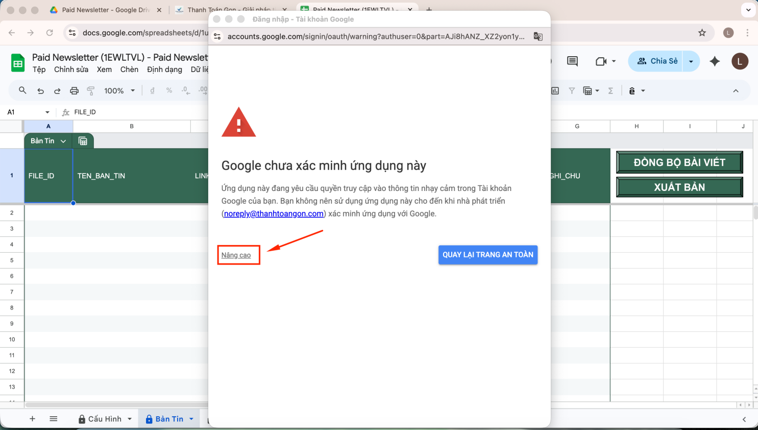 Google cảnh báo ứng dụng chưa xác minh - nhấn Nâng cao