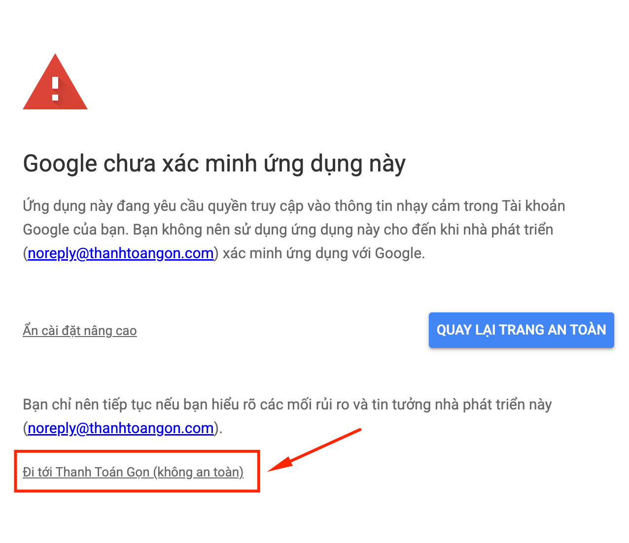Trang Google chưa xác minh - nhấn Đi tới Thanh Toán Gọn