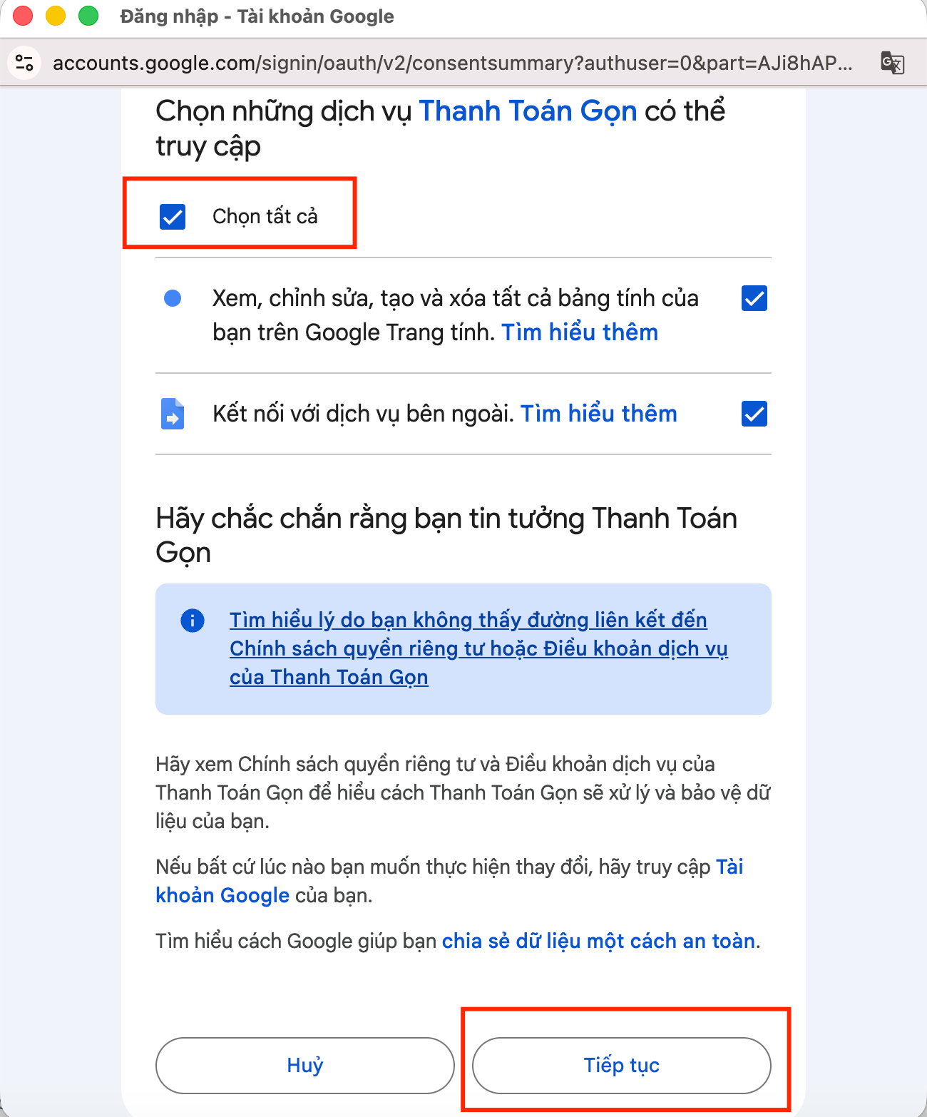 Chọn quyền truy cập cho ứng dụng Thanh Toán Gọn