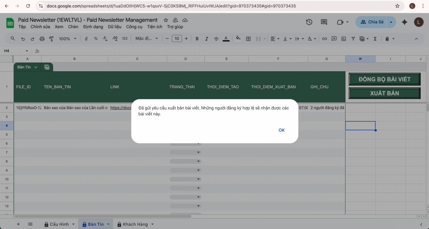 Dialog xác nhận xuất bản bài viết