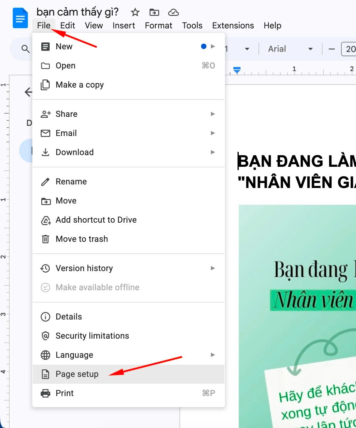 Google Docs File menu mở Page setup