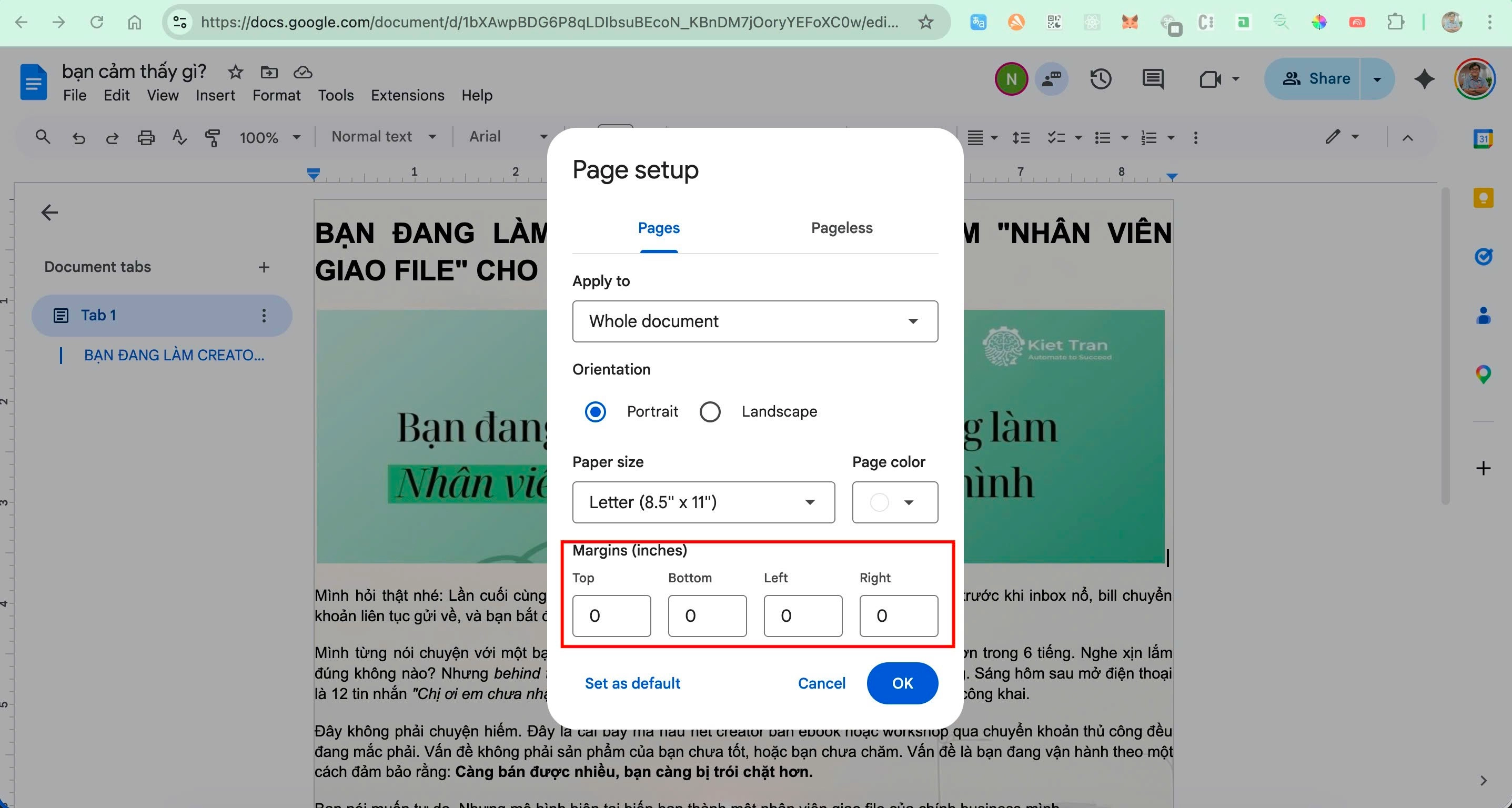 Hộp thoại Page setup với margin về 0