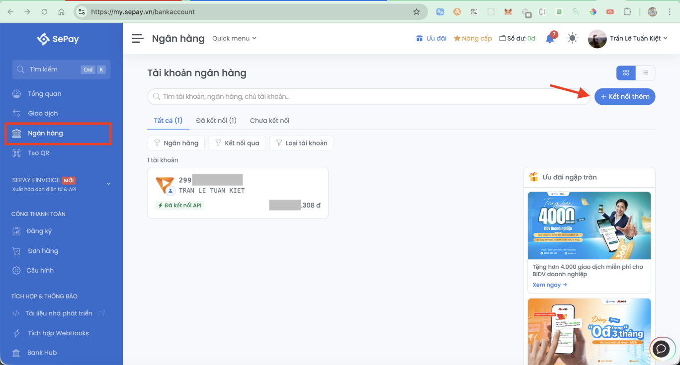 Danh sách tài khoản ngân hàng trong SePay