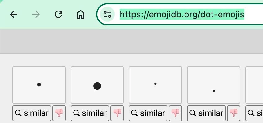 Trang emojidb.org/dot-emojis với các ký tự chấm tròn