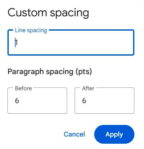 Hộp thoại Custom spacing trong Google Docs