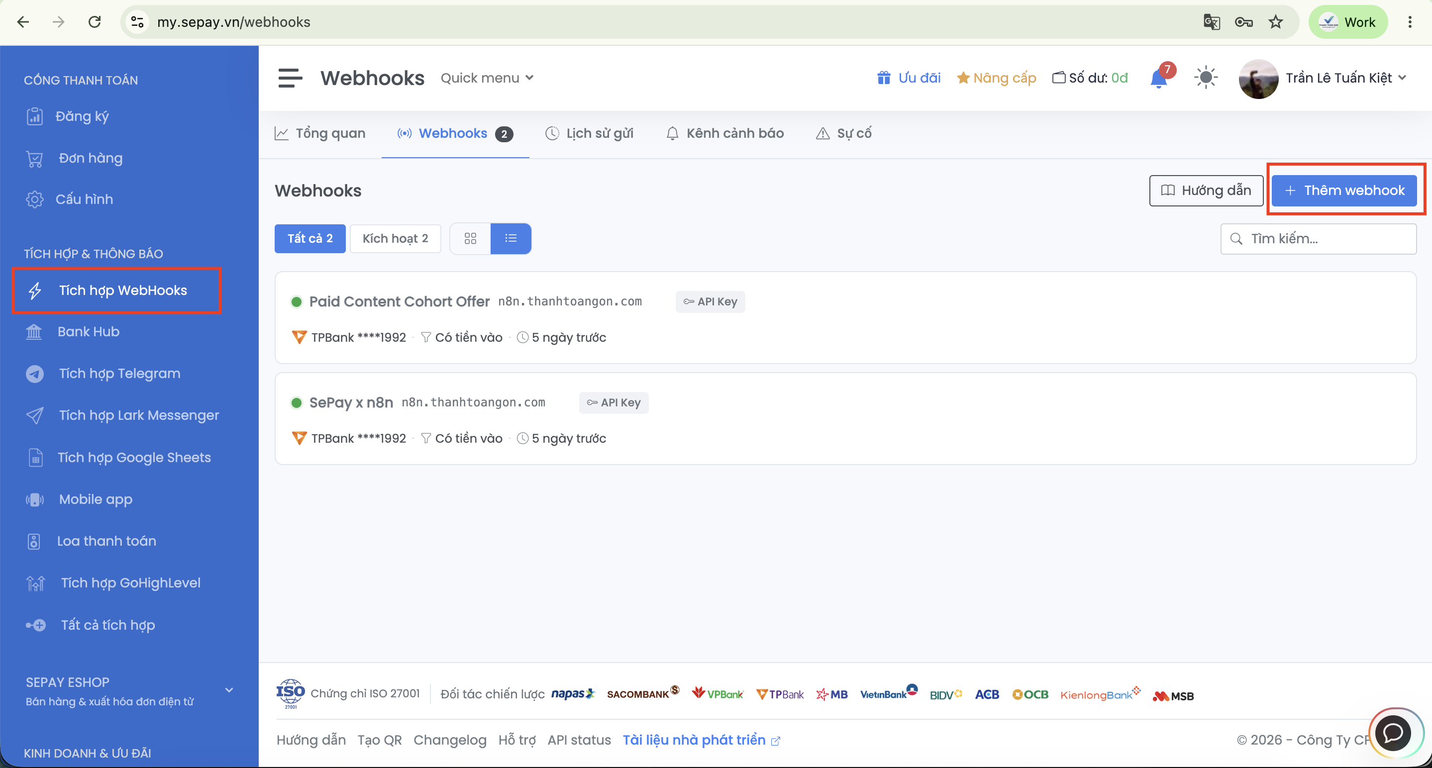Danh sách Webhook trong SePay