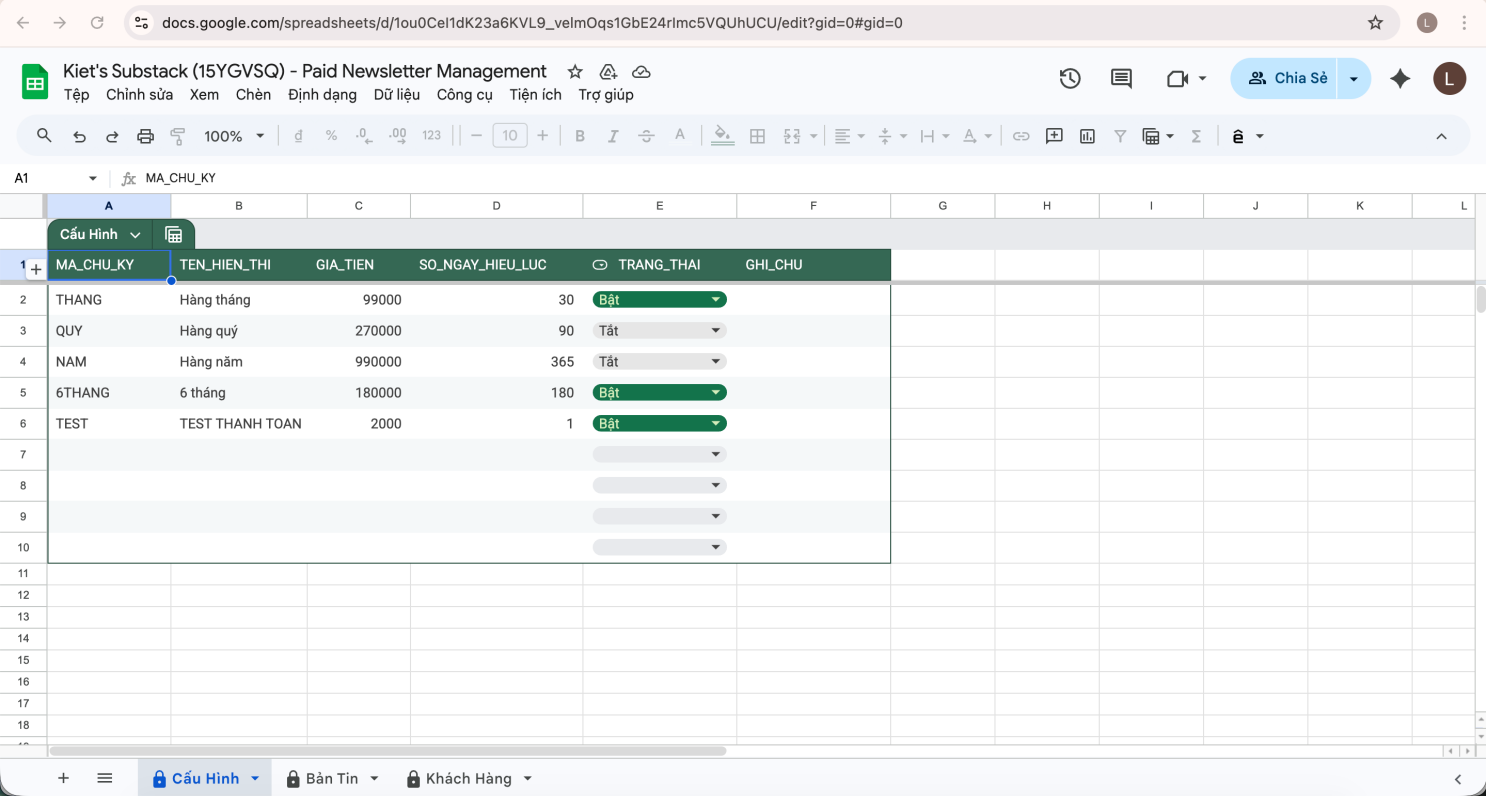 Tab Cấu Hình trong Google Sheets
