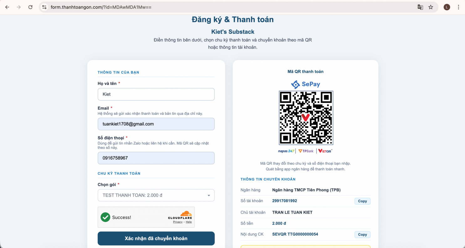 Form đăng ký bản tin có phí với mã QR SePay