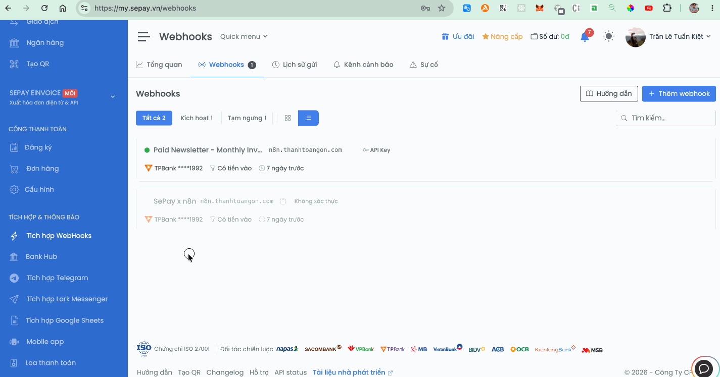 Nhấn nút Sửa trên Webhook đã tạo trong SePay để cập nhật API Key