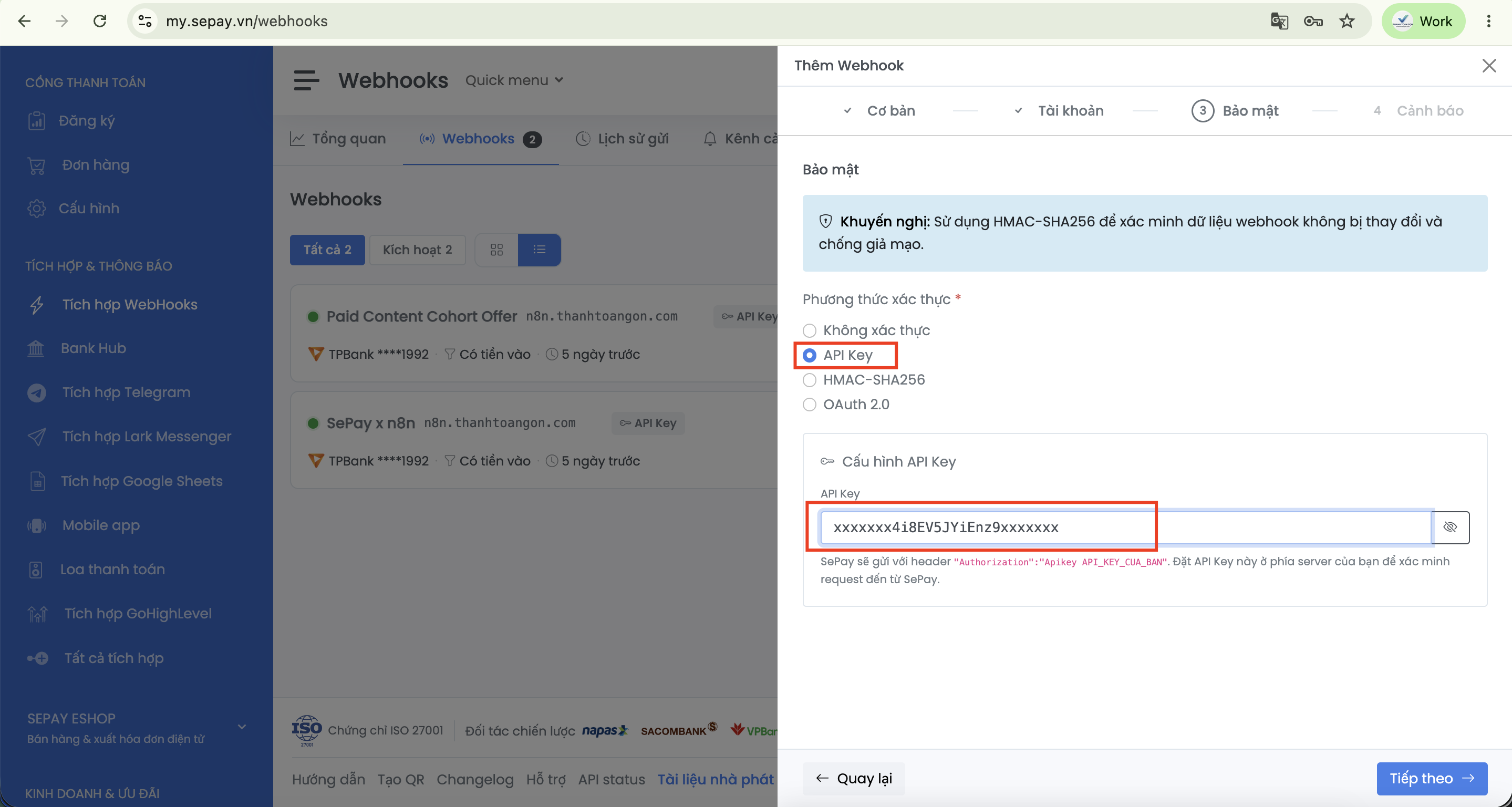 Tab Bảo mật khi tạo Webhook trong SePay