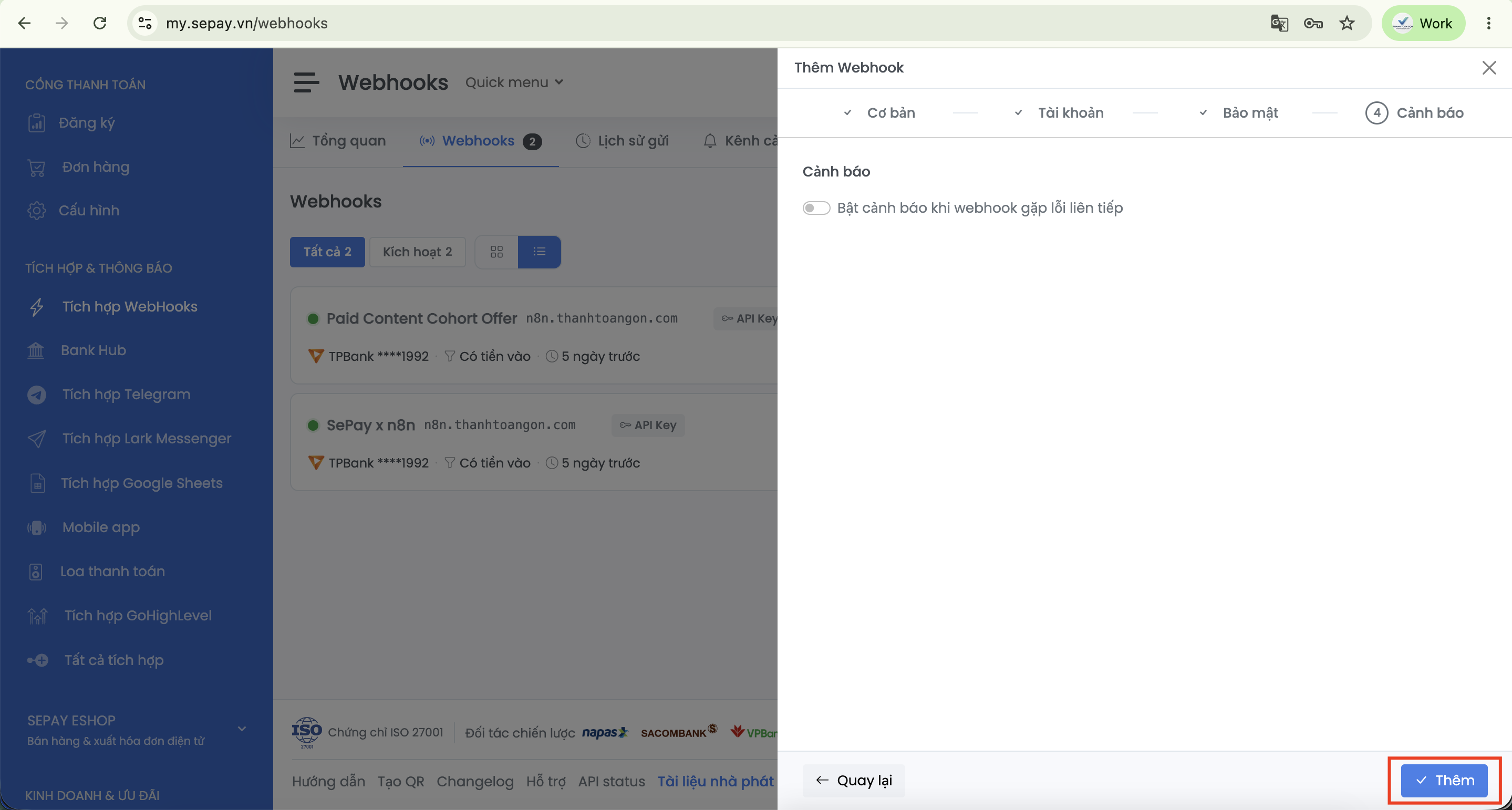 Tab Cảnh báo khi tạo Webhook trong SePay