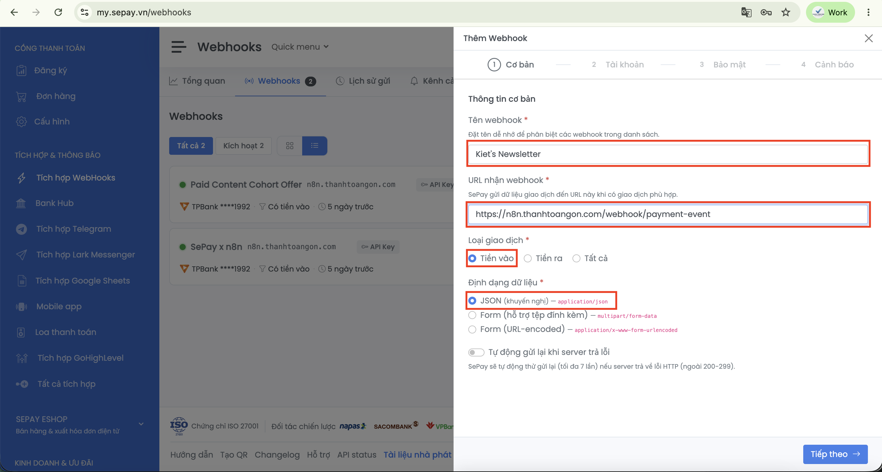 Tab Cơ bản khi tạo Webhook trong SePay