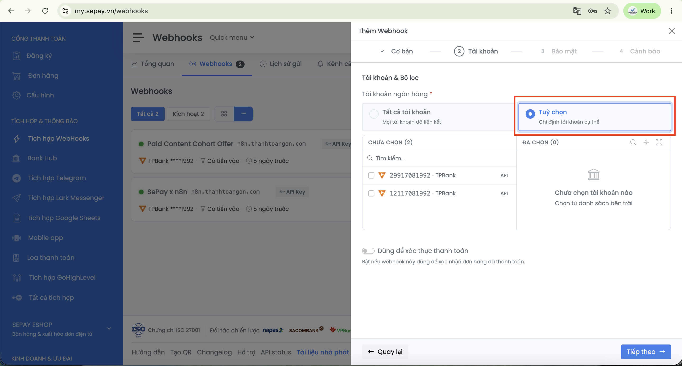 Tab Tài khoản khi tạo Webhook trong SePay